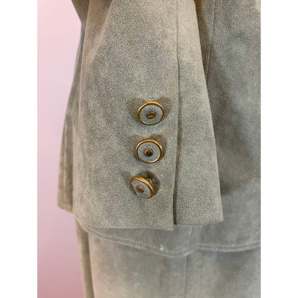 Vtg 80s Sage Green Ultra Suede 2 Pc Skirt Suit Blazer Adolph Schuman Lilli Ann - Picture 7 of 10